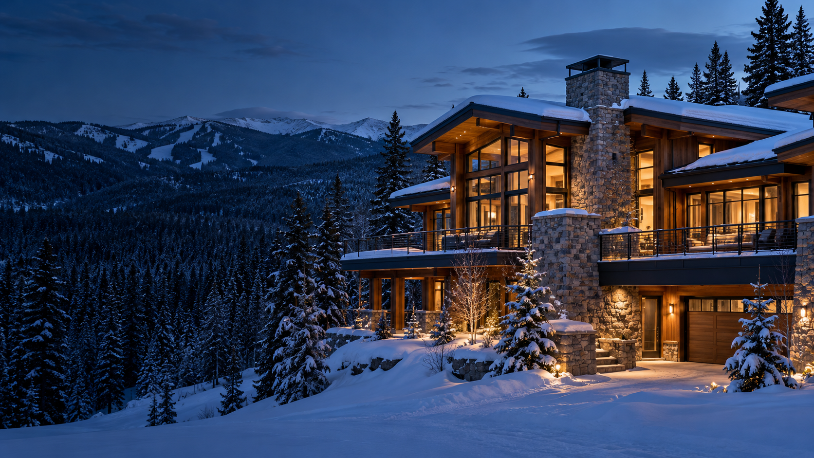 Illustrative Colorado-style timber-and-stone mountain home in snow, with warmly lit windows