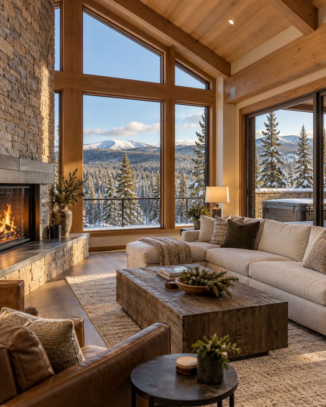 Illustrative Colorado-style mountain home interior with timber beams, stone fireplace, and snowy views
